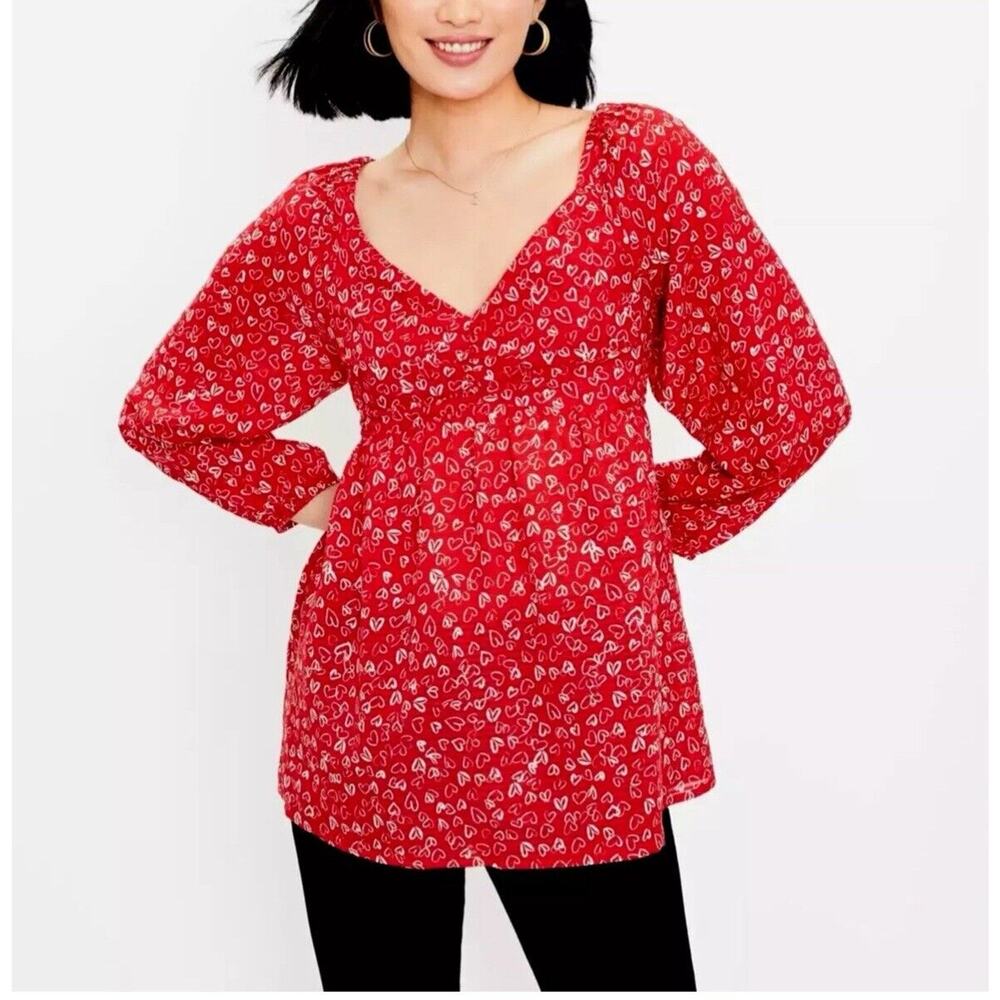 NWT LOFT Sweetheart Neckline Red Hearts Smocked Peasant Top Women’s Size 2